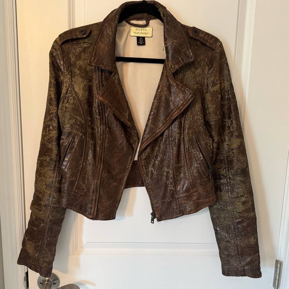 Guess Distressed Brown Leather Jacket